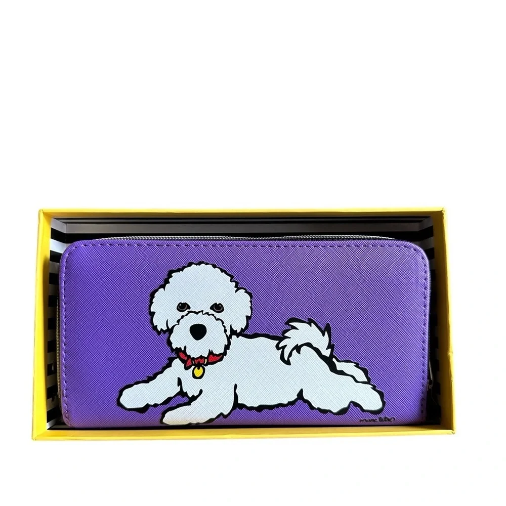 🎁 NWT Marc Tetro Bichon Frise Purple Zip Wallet – Gift Box Included